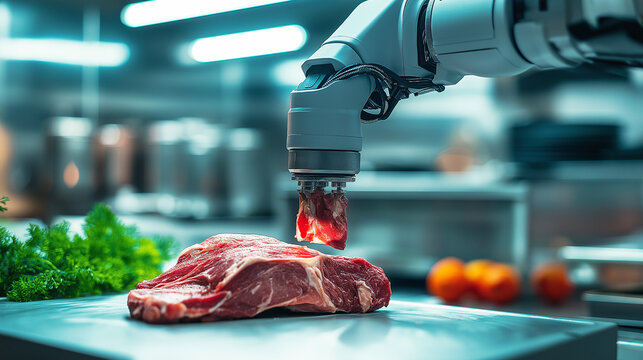 Robotic arm cutting raw meat on a modern kitchen counter, symbolizing automation in food preparation and technology integration.