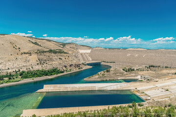 Aerial shot of the Ataturk Dam, located between Adiyaman and Gaziantep, with a drone.