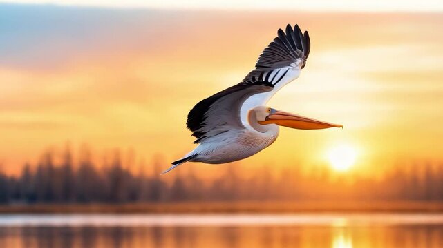 Majestic pelican soaring over tranquil waters at sunset in a serene natural landscape