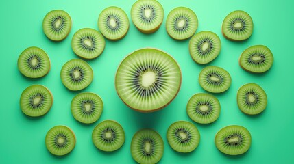A vibrant display of fresh kiwi fruit slices on a green background.