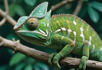Obraz premium A green chameleon with large eyes and a long tail perched on a branch against a blurred green background