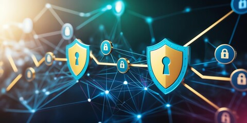 Fototapeta premium An abstract digital network with glowing encryption keys and shield icons, representing strong digital protection across interconnected systems.