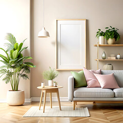 Mockup frame in farmhouse living room interior, 3d render, white Mock up