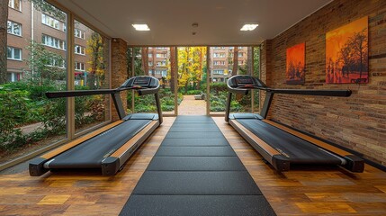 Modern gym interior with treadmills overlooking outdoor garden in a residential area during autumn
