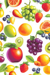 A vibrant collection of colorful fruits, including apples, oranges, grapes, and berries, arranged in a seamless pattern. Perfect for food or health-themed designs.