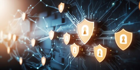 Fototapeta premium An abstract digital network with glowing encryption keys and shield icons, representing strong digital protection across interconnected systems. 10