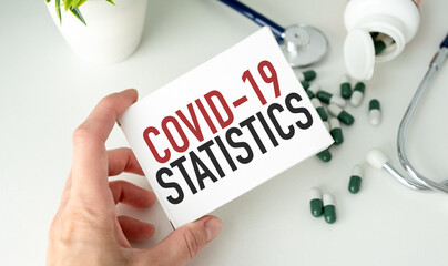 Woman workspace, in the center is a folder with the inscription: covid 19 statistics