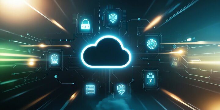 An abstract representation of cloud services, with a glowing cloud icon and various digital symbols representing data sharing, security, and access. .11