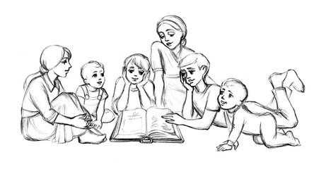 Fototapeta premium Pencil drawing. Kids reading a book