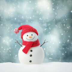 Fototapeta premium A small snowman with twig arms and a red scarf smiles cheerfully in the falling snow. This idyllic holiday scene captures the joy of wintertime.