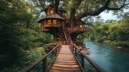 Massive abandoned treehouse with weathered wood textures and mystical appeal