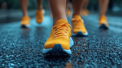 Bright yellow running shoes on wet pavement during early morning jog