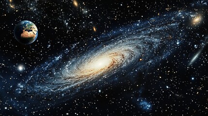 Galaxy, space and universe with earth on dark background for adventure, astrology or exploration....