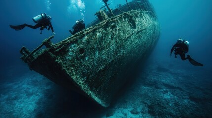 Divers Explore a Sunken Shipwreck Underneath the Crystal Clear Ocean Surface in a Stunning...