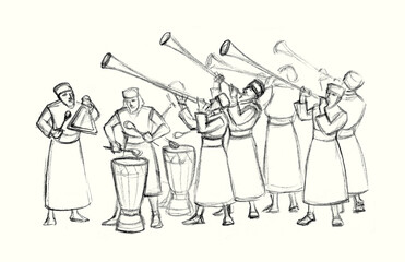 Obraz premium An ancient orchestra is playing. Pencil drawing