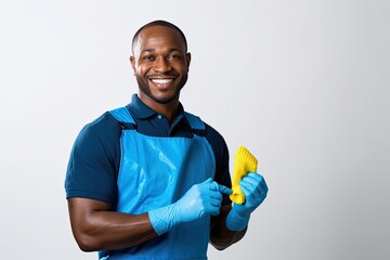 A black worker in a cleaning uniform on a white background