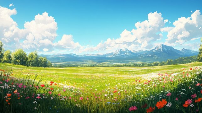 Serene Mountain Valley Wildflower Meadow Landscape