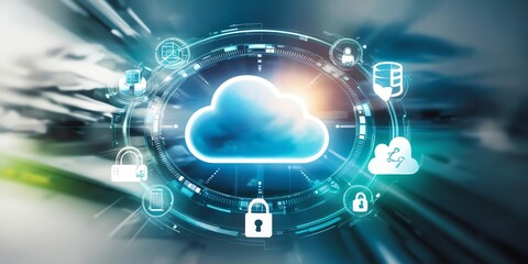 An abstract representation of cloud services, with a glowing cloud icon and various digital symbols representing data sharing, security, and access. .16