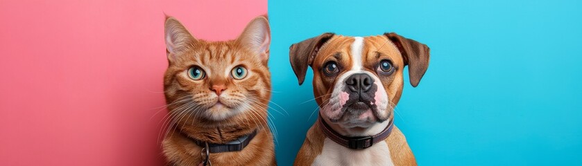 side by side portrait of cat and dog, showcasing their unique expressions against vibrant pink and blue backgrounds. cat has striking green eyes, while dog appears attentive and curious
