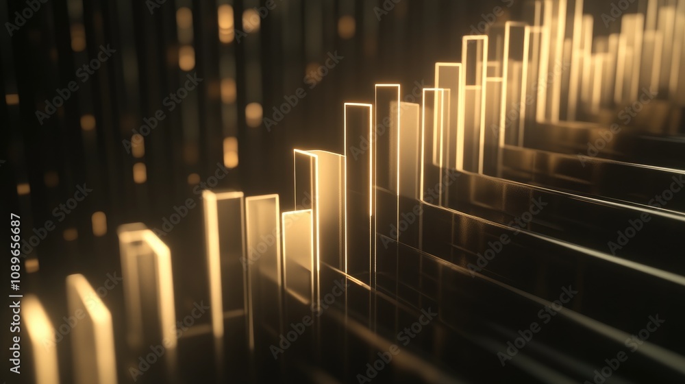 Poster abstract golden light rays illuminating a series of vertical bars creating a visually striking and d