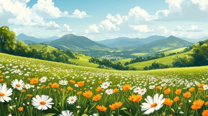 Obraz premium Blooming Daisies Across a Verdant Mountain Valley