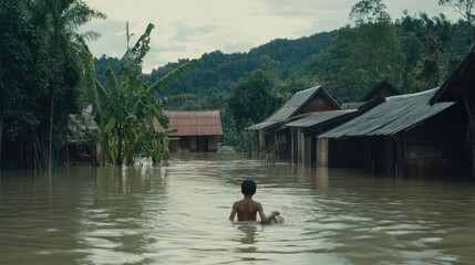 Person Wading Through Floodwaters in Residential Area. Natural Disaster and Resilience.