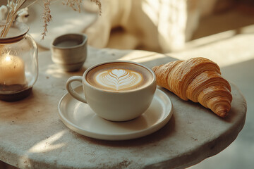 A cozy café scene with a cup of cappuccino and a croissant on a table lit by warm sunlight. Ideal for themes of comfort, relaxation, and indulgence.
