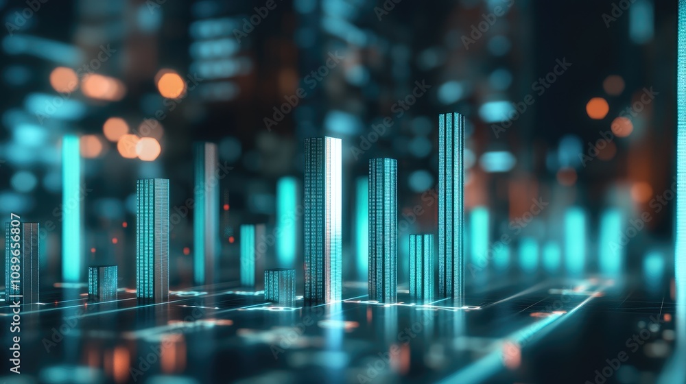 Poster futuristic cityscape with glowing data visualization, abstract digital skyline featuring tall column
