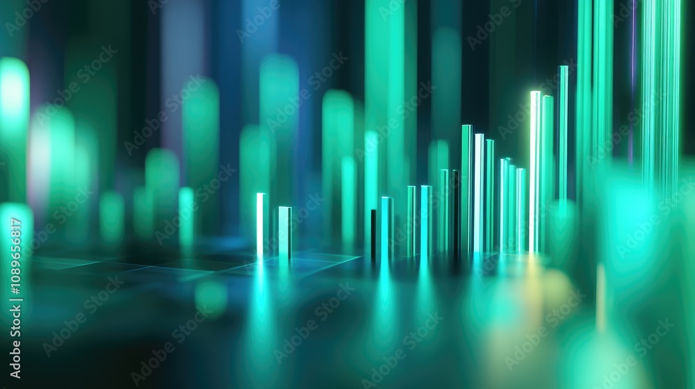 Poster abstract representation of data visualization with glowing green bars and lines, creating a futurist
