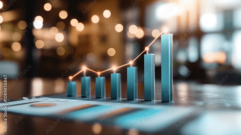 Poster detailed visualization of growing business metrics with modern bar graphs and blurred background in 