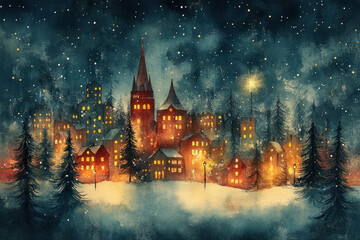 Fototapeta premium a fairytale winter town, lit by the soft light of street lamps and warm light from windows, creating a cozy and magical mood. 