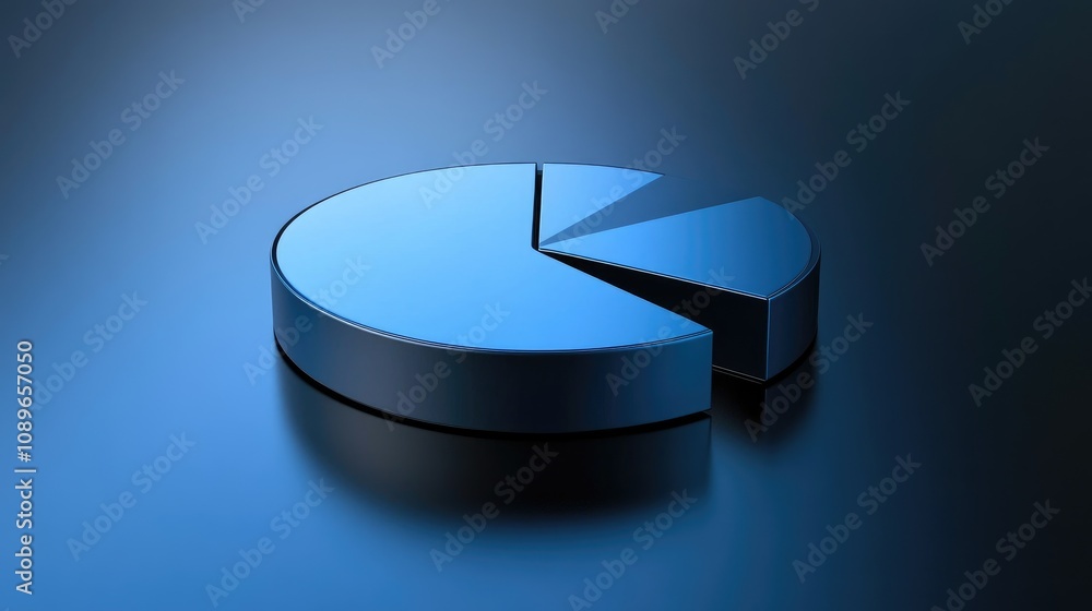 Poster glossy blue pie chart on a reflective surface representing data analysis and business insights in a 