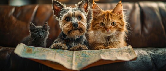 Exploring map together, dog and two cats display curiosity and friendship. This dynamic scene captures essence of adventure and companionship among pets