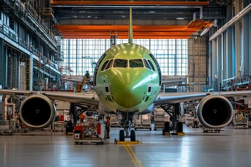 New aircraft assembly in expansive manufacturing facility at sunset. Generative AI