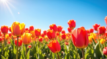 Colorful tulip field under blue sky