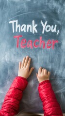 A teacher's hand elegantly writes Thank You, Teacher on a whiteboard, expressing appreciation
