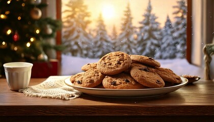 There is a big plate of chocolate chip cookies on the table in the living room. Winter background.