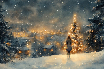 Fototapeta premium winter night in a small town illuminated by warm light. In the foreground stands a woman looking at a decorated Christmas tree shining with lights.