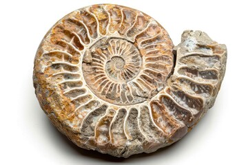 Close up of ammonite, extinct spiral shelled cephalopods, fossil on white background, macro.