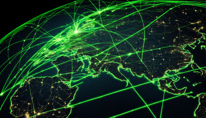 network of glowing green lines connects global cities, symbolizing energy