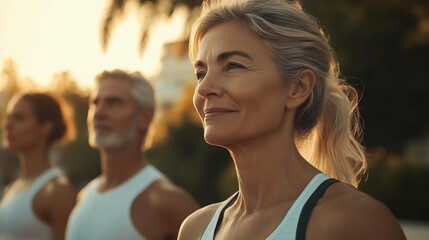 photograph of a group of people with athletic body and beautiful face friendly middle-aged people 35 to 45 years old doing sports outdoors
