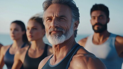 Obraz premium photograph of a group of people with athletic body and beautiful face friendly middle-aged people 35 to 45 years old doing sports outdoors 