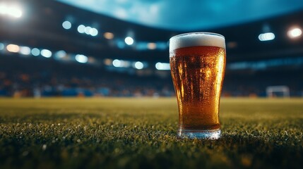 refreshing beer cup stands prominently on grass at lively sports event, capturing excitement and energy of crowd in background