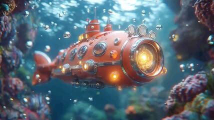 Colorful submarine exploring underwater coral reef