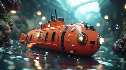 Orange submarine underwater in deep ocean