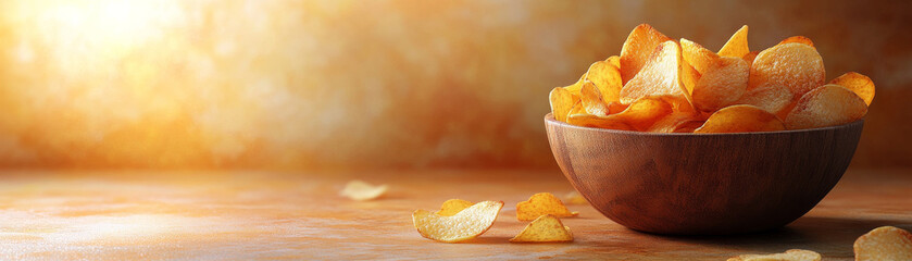 Crispy potato chips in wooden bowl create warm and inviting snack scene, perfect for sharing or enjoying alone. golden hues enhance delicious appeal of chips