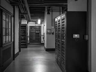 Industrial Hallway with Equipment Cabinets and Dim Lighting