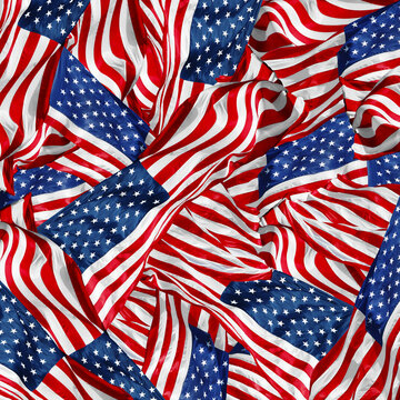 Collection of American flags. Background texture with many USA signs.