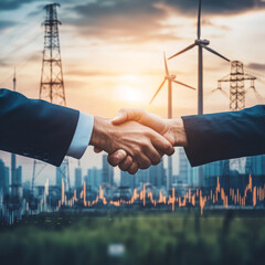 Business partnership handshake in front of wind turbines and city skyline