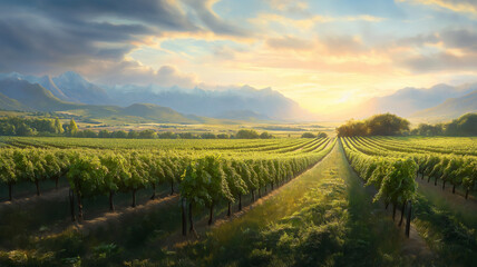 Naklejka premium serene vineyard landscape at sunset, showcasing lush green rows and distant mountains